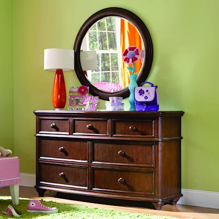 Seven-Drawer Dresser with Round Wall Mirror